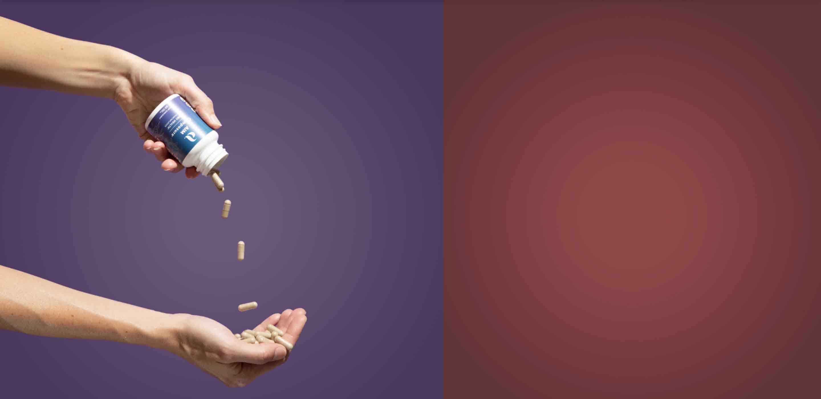 A picture of a container of Composure being emptied with Composure capsules falling into an outstretched hand.  The text says 'Achieve your health goals with our targeted nutritional solutions'.  At the bottom is a button labeled 'Shop Now'
