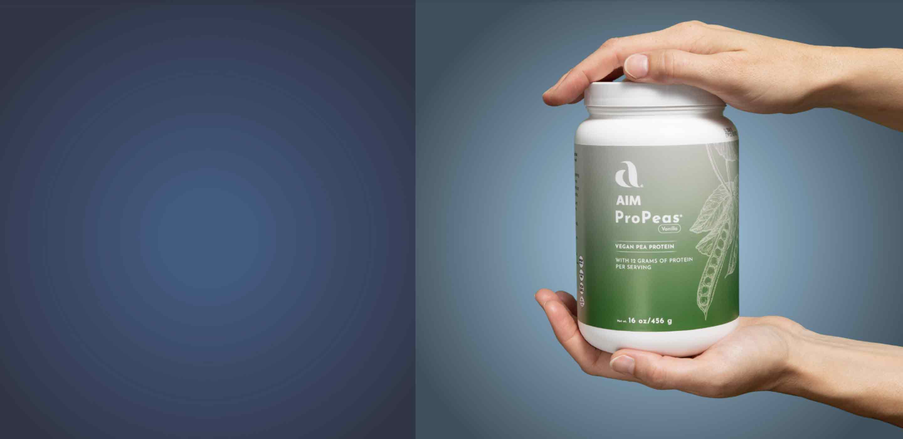 A picture of a container of ProPeas held between the hands of two outstretched arms.  The text says 'Start your journey to a healthier, better you.'  At the bottom is a button labeled 'Shop Now'