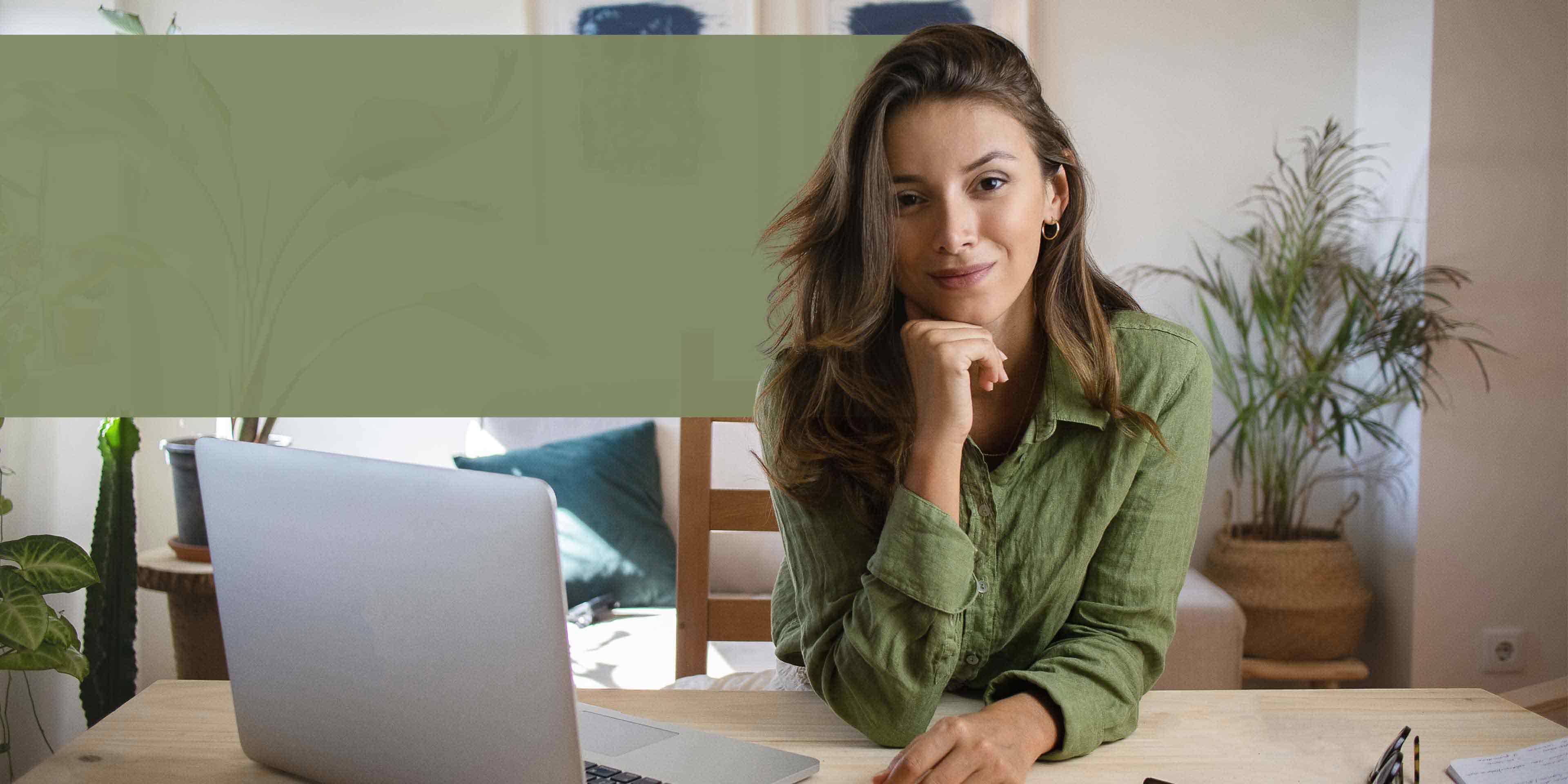A picture of a woman with her chin resting on her hand sitting at a table with an open laptop.  The woman has a satisfied expression.  The text says 'Make an impact by helping others live healthier lives' followed by a button labeled 'Join Now'