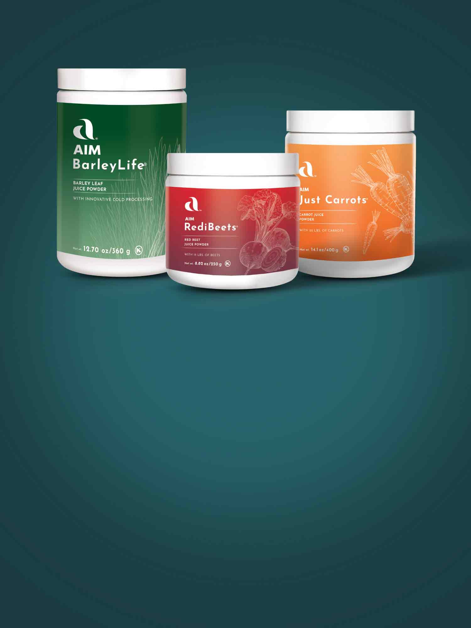 A picture of containers of BarleyLife, RediBeets and Just Carrots.  The text says 'Whole Body.  Achieve optimal health with our whole body nutrition range.'  At the bottom is a button labeled 'Shop Now'