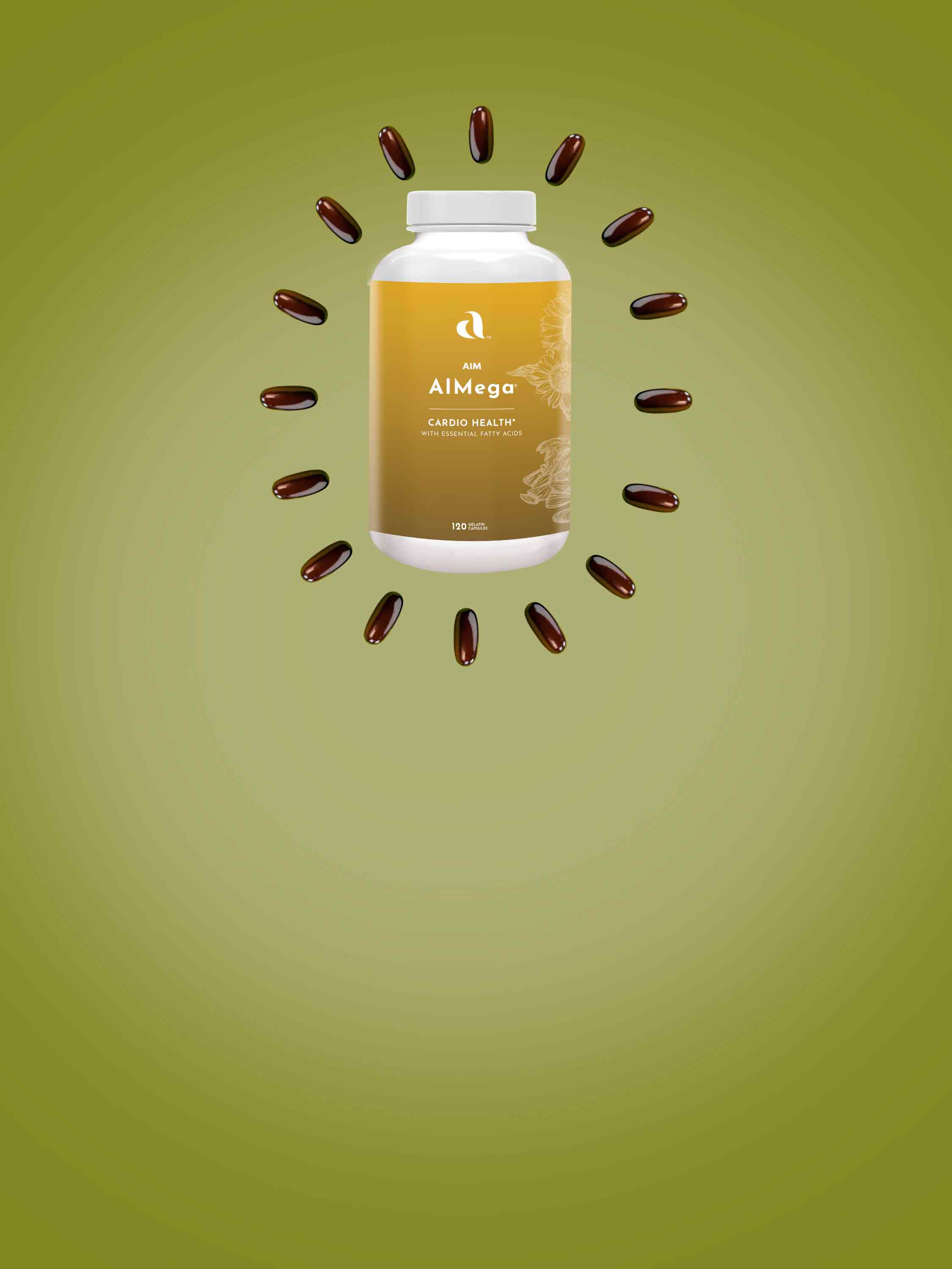 A picture of a container of AIMega surrounded by individual AIMega capsules pointing outward like rays of the sun.  The text says 'Take control of your cardiovascular system with our premium supplement line'.  At the bottom is a button labeled 'Show Now'