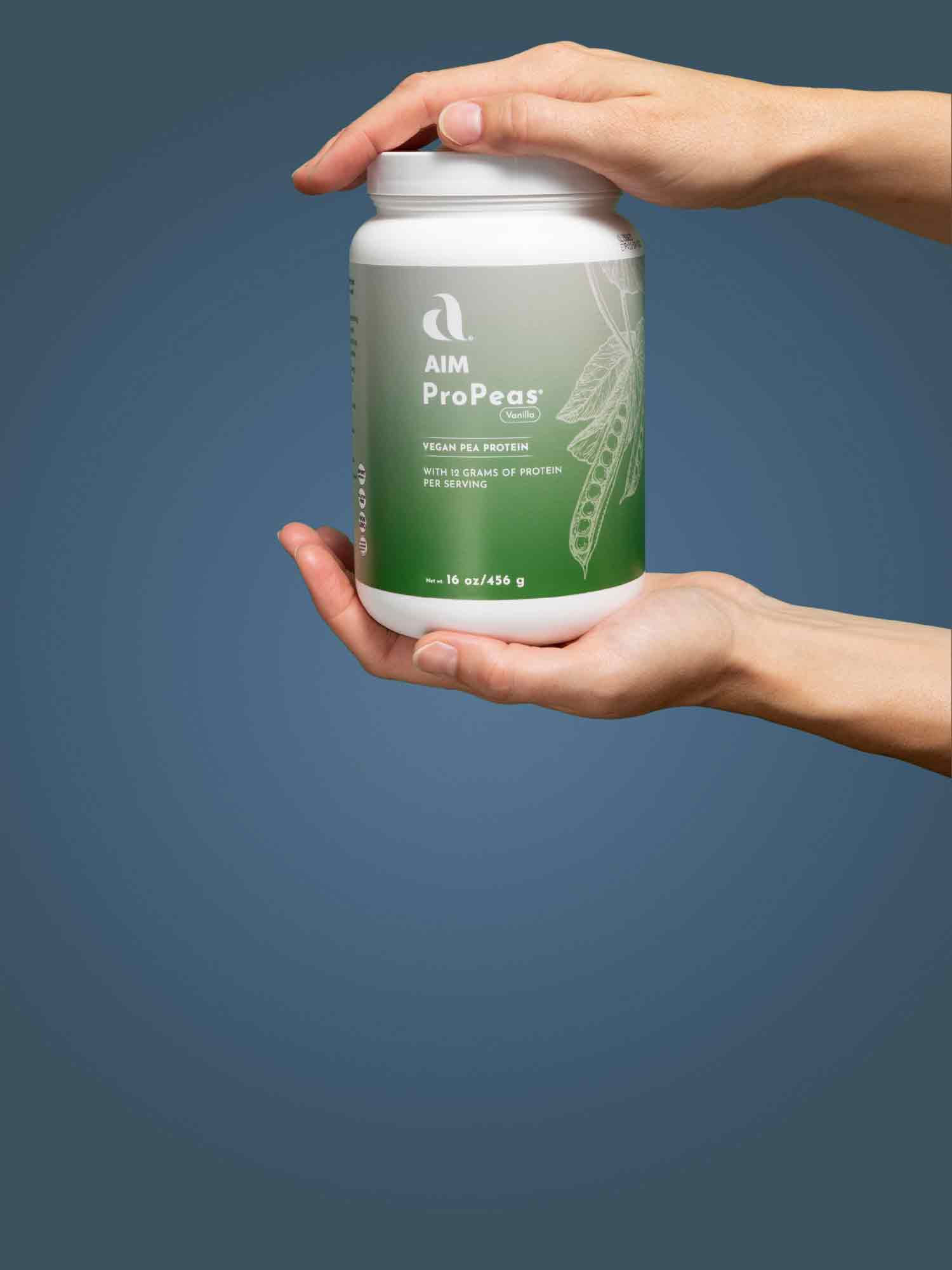 A picture of a container of ProPeas held between the hands of two outstretched arms.  The text says 'Start your journey to a healthier, better you.'  At the bottom is a button labeled 'Shop Now'