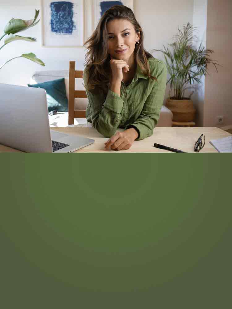 A picture of a woman with her chin resting on her hand sitting at a table with an open laptop.  The woman has a satisfied expression.  The text says 'Make an impact by helping others live healthier lives' followed by a button labeled 'Join Now'