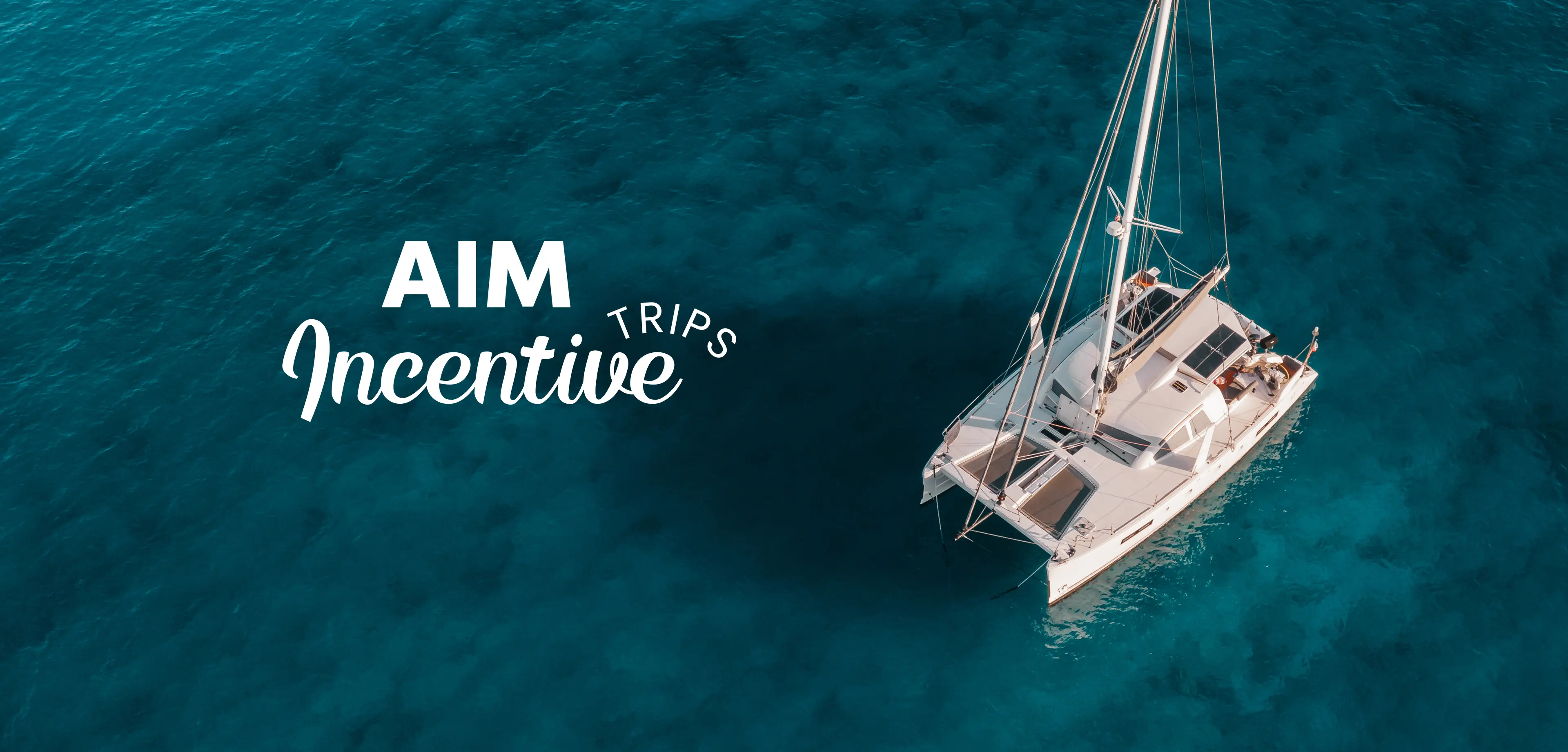 A picture of a catamaran floating on clear blue still water.  The text says 'AIM Incentive Trips' followed by a button labeled 'Find Out More' 