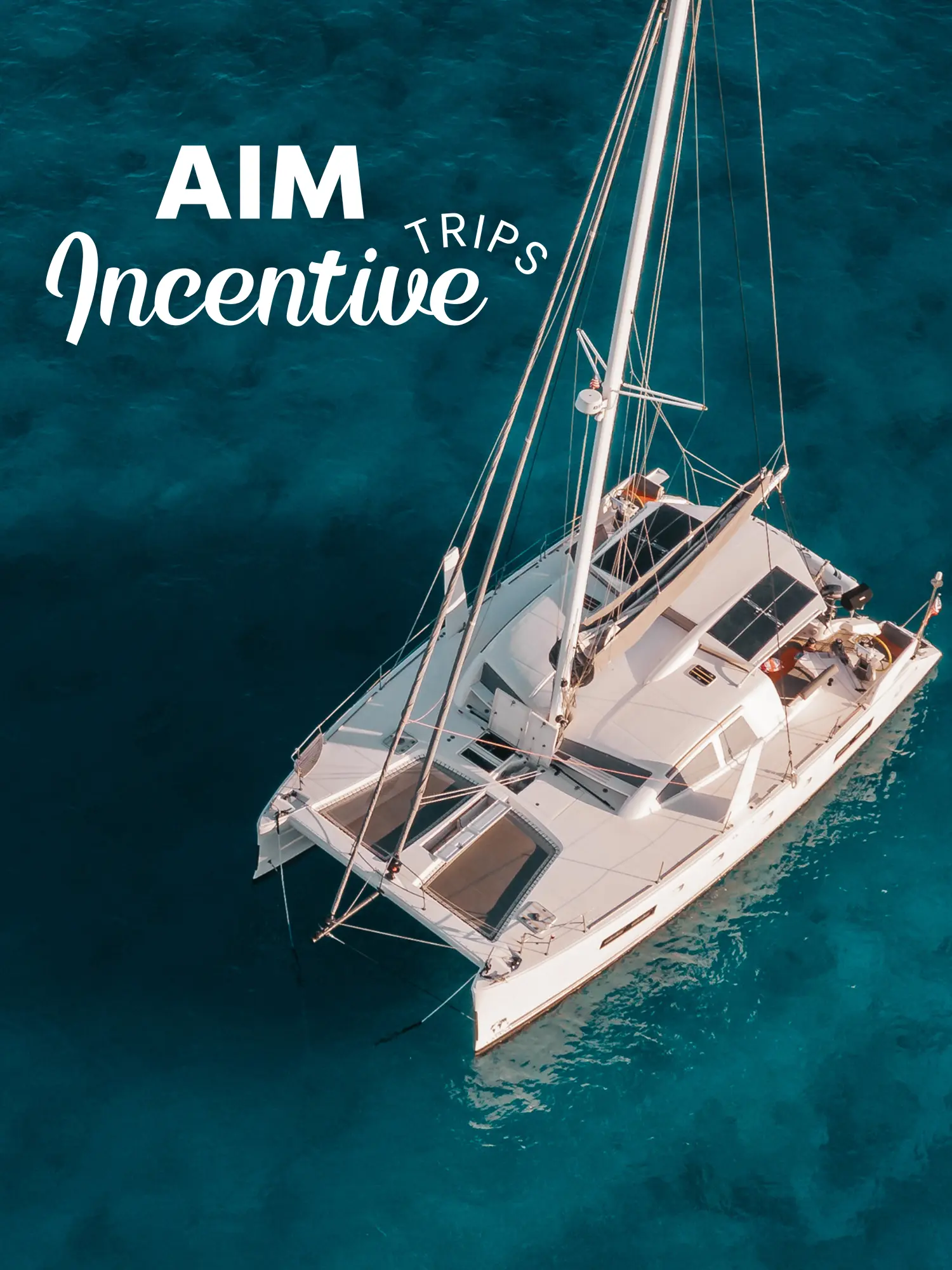 A picture of a catamaran floating on clear blue still water.  The text says 'AIM Incentive Trips' followed by a button labeled 'Find Out More' 