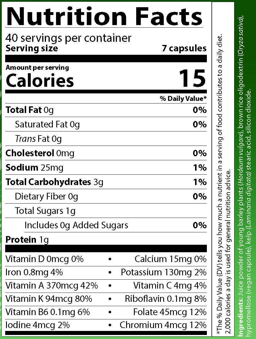 Supplement Facts
Serving Size 7 capsules
Servings Per Container 40
Amounts per serving
Calories 15
Sodium 25 milligrams (1% of Daily Value)
Total Carbohydrates 3 grams (1% of Daily Value)
Dietary Fiber 0 grams (0% of Daily Value)
Total Sugars 1 gram
Includes 0 grams added Sugars (0% of Daily Value)
Protein 1 gram (% of Daily Value not established)
Vitamin A (as beta carotene) 370 micrograms (41% of Daily Value)
Vitamin C 4 milligrams (4% of Daily Value)
Vitamin K 94 micrograms (78% of Daily Value)
Riboflavin 0.1 milligrams (8% of Daily Value)
Vitamin B6 0.1 milligrams (6% of Daily Value)
Folate 45 microgram (Dietary Folate Equivalent) (11% of Daily Value)
Calcium 15 milligrams (1% of Daily Value)
Iron 0.8 milligrams (4% of Daily Value)
Iodine 4 micrograms (3% of Daily Value)
Chromium 4 micrograms (11% of Daily Value)
Potassium 130 milligrams (3% of Daily Value)
Chlorophyll 22 milligrams (% of Daily Value not established)
Note: % of Daily Values based on a 2,000 calorie diet.
Ingredients: Juice powder of young barley plants (Hordeum vulgare), brown rice oligodextrin (Oryza sativa), hypromellose (vegan capsule), kelp (Laminaria digitata) stearic acid, silicon dioxide.