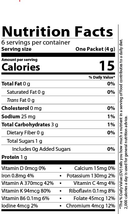6 single servings of 4 grams (Net Weight 24 grams)
Nutrition Facts
6 servings per container
Serving size One Packet (4 grams)
Amounts per serving
Calories 15
Total Fat 0 grams (0% of Daily Value)
Saturated Fat 0 grams (0% of Daily Value)
Trans Fat 0 grams
Cholesterol 0 milligrams (0% of Daily Value)
Sodium 25 milligrams (1% of Daily Value)
Total Carbohydrates 3 grams (1% of Daily Value)
Dietary Fiber 0 grams (0% of Daily Value)
Total Sugars 1 gram
Includes 0 grams Added Sugars (0% of Daily Value)
Protein 1 gram
Vitamin D 0 micrograms (0% of Daily Value)
Calcium 15 milligrams (0% of Daily Value)
Iron 0.8 milligrams (4% of Daily Value)
Potassium 130 milligrams (2% of Daily Value)
Vitamin A 370 micrograms (42% of Daily Value)
Vitamin C 10 milligrams (12% of Daily Value)
Vitamin K 94 micrograms (80% of Daily Value)
Riboflavin 0.1 milligrams (8% of Daily Value)
Vitamin B6 0.1 milligrams (6% of Daily Value)
Folate 45 micrograms (12% of Daily Value)
Iodine 4 micrograms (2% of Daily Value)
Chromium 4 micrograms (12% of Daily Value)
Note: The % of Daily Values tells you how much a nutrient in a serving of food contributes to a daily diet.  2,000 calories a day is used for general nutrition advice.
Ingredients: Juice powder of young barley plants (Hordeum vulgare), brown rice oligodextrin (Oryza sativa), kelp (Laminaria digitata).