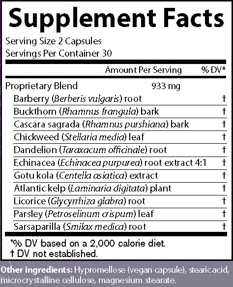 Supplement Facts
Serving Size 2 Capsules
Servings Per Container 30
Amounts per serving
Proprietary Blend 933 milligrams consisting of:
Cascara sagrada (Rhamnus purshiana) bark (% of Daily Value not established)
Barberry (Berberis vulgaris) root (% of Daily Value not established)  
Buckthorn (Rhamnus frangula) bark (% of Daily Value not established)
Chickweed (Stellaria media) leaf (% of Daily Value not established)  
Echinacea (Echinacea purpurea) root extract 4:1 (% of Daily Value not established) 
Atlantic kelp (Laminaria digitata) plant (% of Daily Value not established)
Licorice (Glycyrrhiza glabra) root (% of Daily Value not established)  
Parsley (Petroselinum crispum) leaf (% of Daily Value not established)
Sarsaparilla (Smilax medica) root (% of Daily Value not established)
Dandelion (Taraxacum officinale) root (% of Daily Value not established)
Gotu kola (Centella asiatica) extract (% of Daily Value not established)
Note: % of Daily Values based on a 2,000 calorie diet.
Other ingredients: Hypromellose (vegan capsule), stearic acid, microcrystalline cellulose, magnesium stearate.